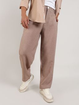 Campus Sutra - Men's Tan Brown Pinstriped Trouser
