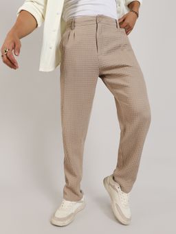 Campus Sutra - Men's Beige Textured Graph Check Trouser