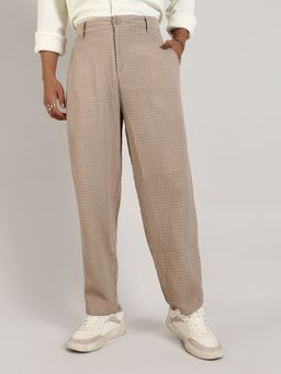 Campus Sutra - Men's Beige Textured Graph Check Trouser