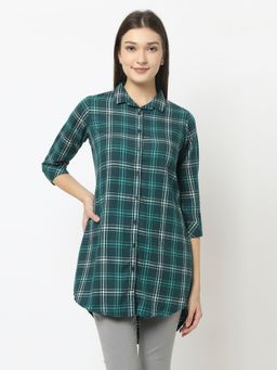 CRIMSOUNE CLUB - Women Longline Teal Green Shirt In Checks