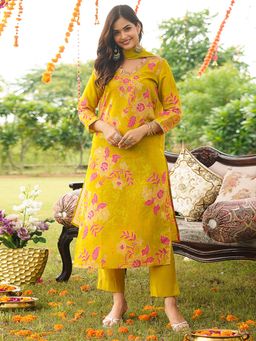 Vaamsi - Yellow Floral Embroidered Straight Kurta with Pant and Dupatta