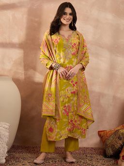 Vaamsi - Yellow Embroidered Three Fourth Sleeves Kurta Pant with Dupatta