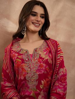Vaamsi - Pink Embroidered Three Fourth Sleeves Kurta Pant with Dupatta