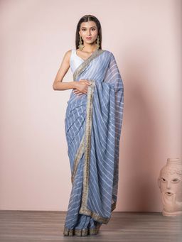 EXCLUSIVA - Grey Blended Georgette Leheriya Saree with Unstitched Blouse