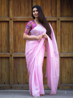 I LOVE SAREES - Blush Pink Glazy Organza Saree with Hand Embroidery Scallop Edge Design