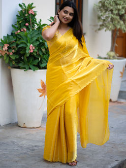 I LOVE SAREES - Dark Yellow Glazy Organza Saree with Hand Embroidery Scallop Edge Design