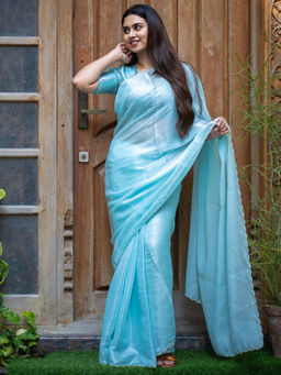 I LOVE SAREES - Mint Blue Glazy Organza Saree with Hand Embroidery Scallop Edge Design