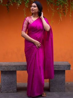 I LOVE SAREES - Rani Pink Glazy Organza Sarees with Hand Embroidery Scallop Edge Design