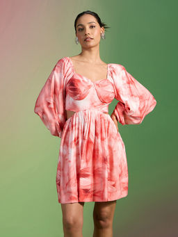 RSVP by Nykaa Fashion - Pink Feather Print Cut Out Waist Smocked Mini Dress