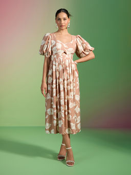 RSVP by Nykaa Fashion - Beige and White Floral Pleated Balloon Sleeves Midi Dress