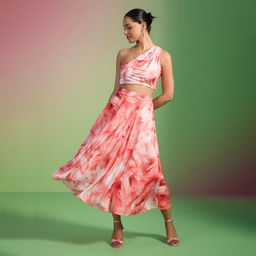 RSVP by Nykaa Fashion - Pink Feather Print One Shoulder Crop Top and Flared Midi Skirt Co Ord Set