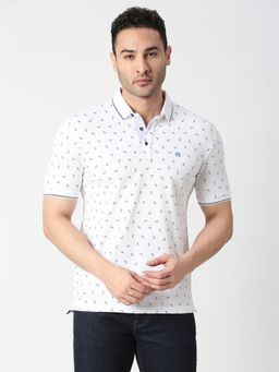 Dragon Hill - Half Sleeves White Printed Pique Polo T-shirt