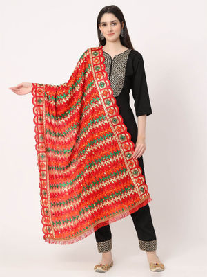 Moda Chales Red Embroidery Phulkari Dupatta with Mirror