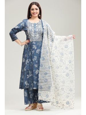 Blue Ethnic Motif Printed Cotton Kurta, Pant And Dupatta Set With Zari Work