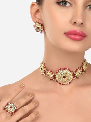 Zaveri Pearls Pink Crystal Beaded Kundan Choker Necklace Earring and Ring Set-ZPFK12113