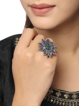 VIRAASI - Green Stone-Studded Adjustable Oxidised Ring