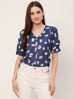 Moomaya - Women Casual Summer Printed Navy Blue Top