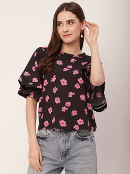 Moomaya - Women Casual Summer Floral Black Top