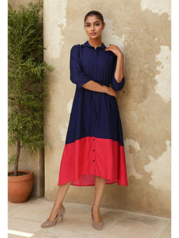 Dora Dori - Navy Blue A-Line Colorblock Chanderi Dress