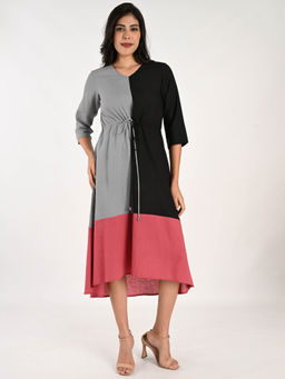 Dora Dori - Multi-Color Colorblock V-Neck A-Line Linen Dress