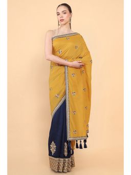 Soch - Women Mustard Silk Geometric Saree with Unstitched Blouse
