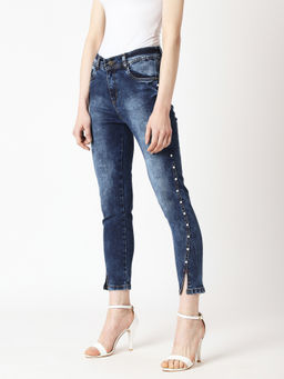 DOLCE CRUDO - Navy Blue Skinny High Rise Side Slit Ankle Length Pearl Detailing Denim Jeans