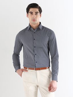 Subtract - Men Navy Blue Slim Fit Pure Cotton Striped Formal Shirt