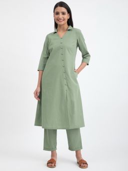 Pink Fort - Linen Blend A-line Kurta - Green