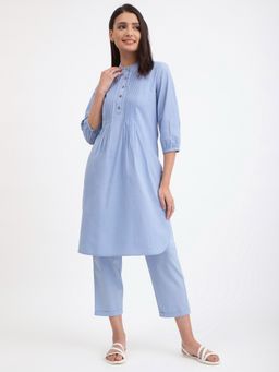 Pink Fort - Linen Blend Straight Kurta - Light Blue