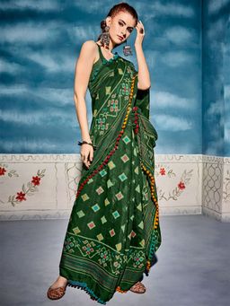 Odette - Womens Cotton Blend Green Printed Saree with Unstitched Blouse