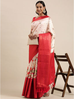 Yavira Silk - Cream Printed Saree with Tassels with Unstitched Blouse