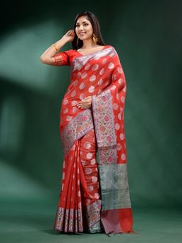 CHARUKRITI - Red Pure Silk Handwoven Soft Saree with Unstitched Blouse