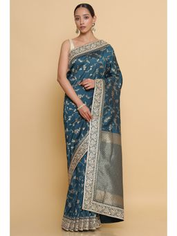 Soch - Women Teal Embellished & Sequined Saree with Unstitched Blouse
