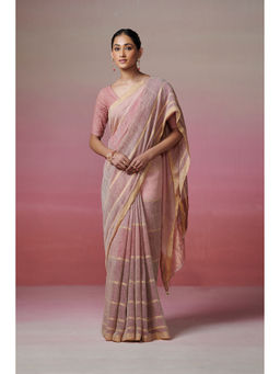 Dressfolk - Handwoven 100% Handloom Linen Earthy Palette Saree with Stripes of Earthy Color and Golden Zari.