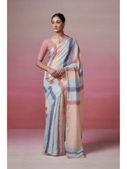 Dressfolk - Handwoven 100% Handloom Linen Peach, Powder Blue Symphony Saree with strips and Coin Detail Palla.