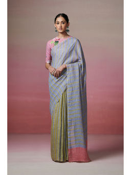Dressfolk - Handwoven 100% Handloom Linen Green & Blue Harmony Saree with Glass Beads Deatiling