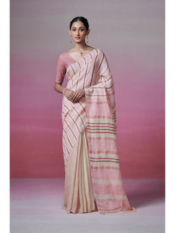 Dressfolk - Handwoven 100% Handloom Linen Beige Ivory Pink Saree With Stripes and Color Block Work