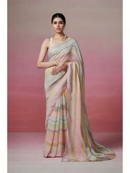 Dressfolk - Handwoven 100% Handloom Linen Pastel Palette Harmony Saree with Metallic Palla, Glass Beads Edge