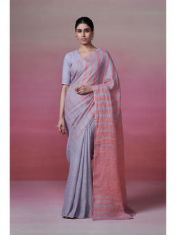 Dressfolk - Handwoven 100% Handloom Linen Dusty Blue Serenity Saree With Gradient Pink,and Glass Beads Edge