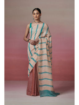 Dressfolk - Handwoven 100% Handloom Linen Peach & Brick Saree With Colorful Stripes and Glass Beads at Palla