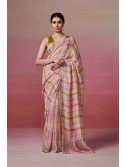 Dressfolk - Handwoven 100% Handloom Linen Peach & Powder Pink Symphony Saree With Zari Work, Glass Beads Edge