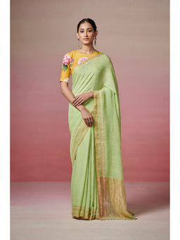 Dressfolk - Handwoven 100% Handloom Linen Pista Green Saree With Metallic Zari Border and Coin Detail Pallu.