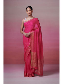 Dressfolk - Handwoven 100% Handloom Linen Fuchsia Pink Elegance Saree With Metallic Zari and Coin Detail Palla.