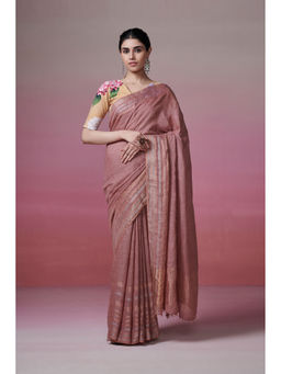 Dressfolk - Handwoven 100% Handloom Linen Onion Pink Dream Saree With Metallic and Copper Zari Work at Border.