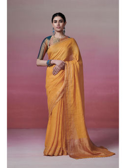 Dressfolk - Handwoven 100% Handloom Linen Mango Yellow Sunshine Saree With Metallic Zari Border and Palla.