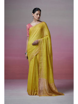 Dressfolk - Handwoven 100% Handloom Linen Lime Yellow Saree With Metallic border and Palla with glass bead Edge