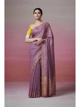 Dressfolk - Handwoven 100% Handloom Linen Earthy Purple Bliss Saree with Metallic Zari Border and Palla