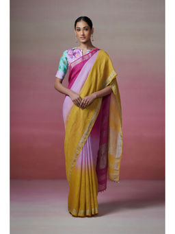 Dressfolk - Handwoven 100% Handloom Linen Magenta Pink, Yellow Saree, Metallic Border and Palla.