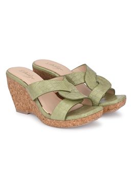 Delize - Light - Womens Olive Green Croco Print Vegan Leather Cross Strap Wedge Heel Sandals