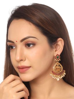 Yellow Chimes - Gold Plated Pink Stone Studded Beads Hanging Temple Ethnic Drop Earrings